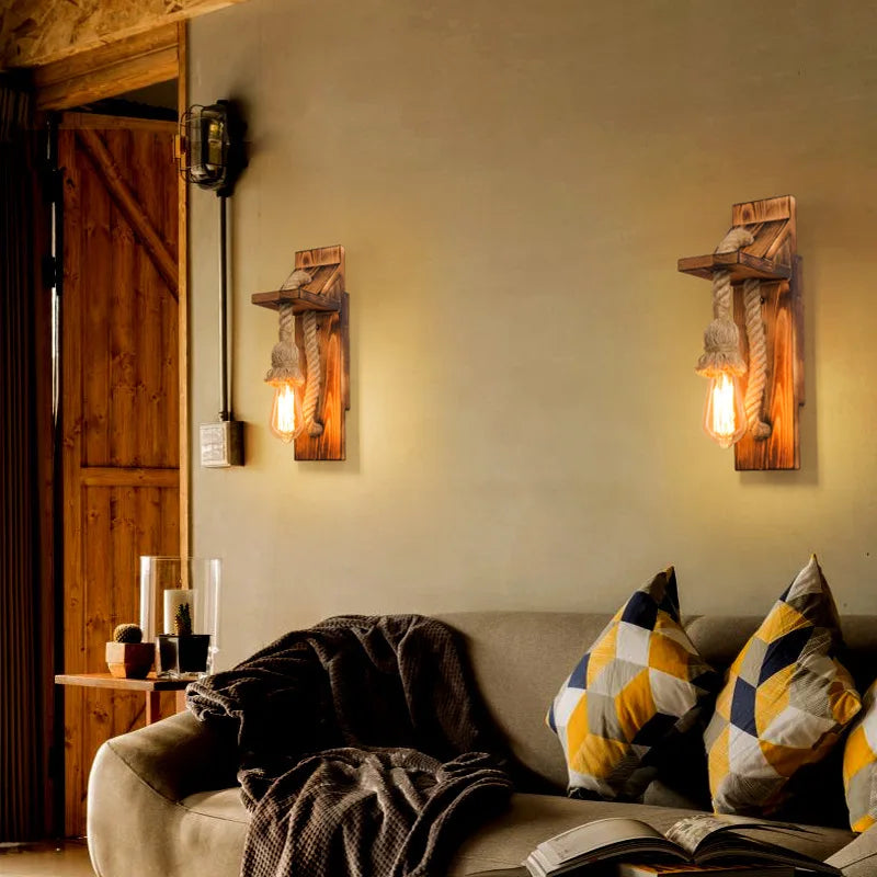 Applique Bois et Corde de Chanvre – Rétro Escalier Couloir Chambre