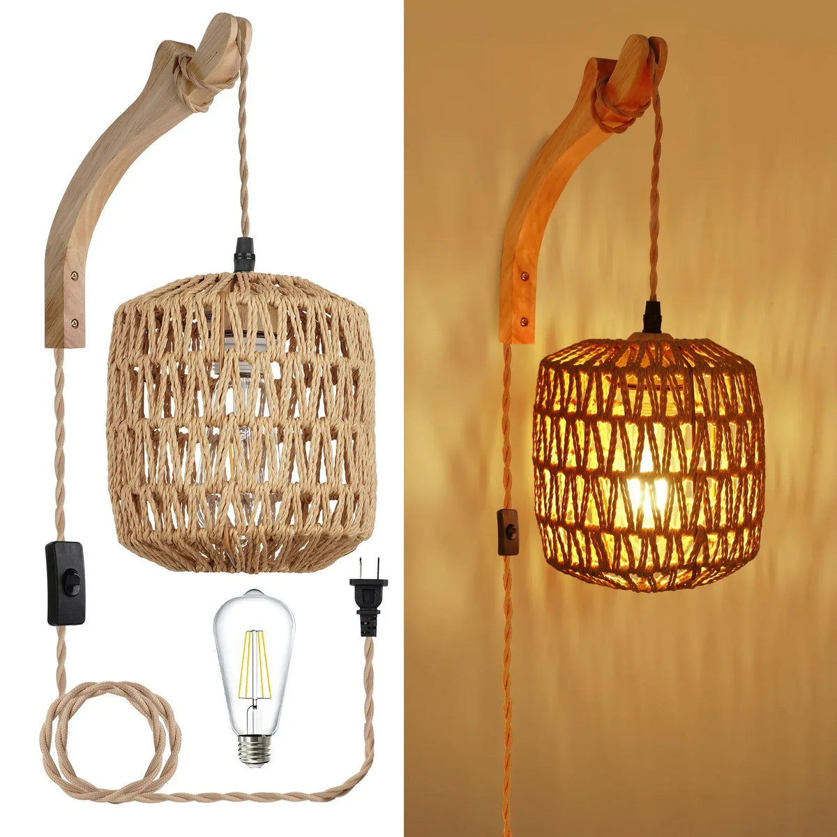 Applique Cylindrique Rotin & Bois Naturel – Lumière Filtrée Organique