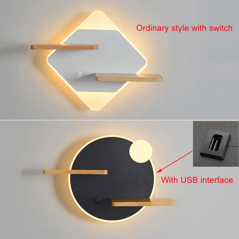 Applique Murale LED avec Étagère et Port USB – Tête de Lit Nordique