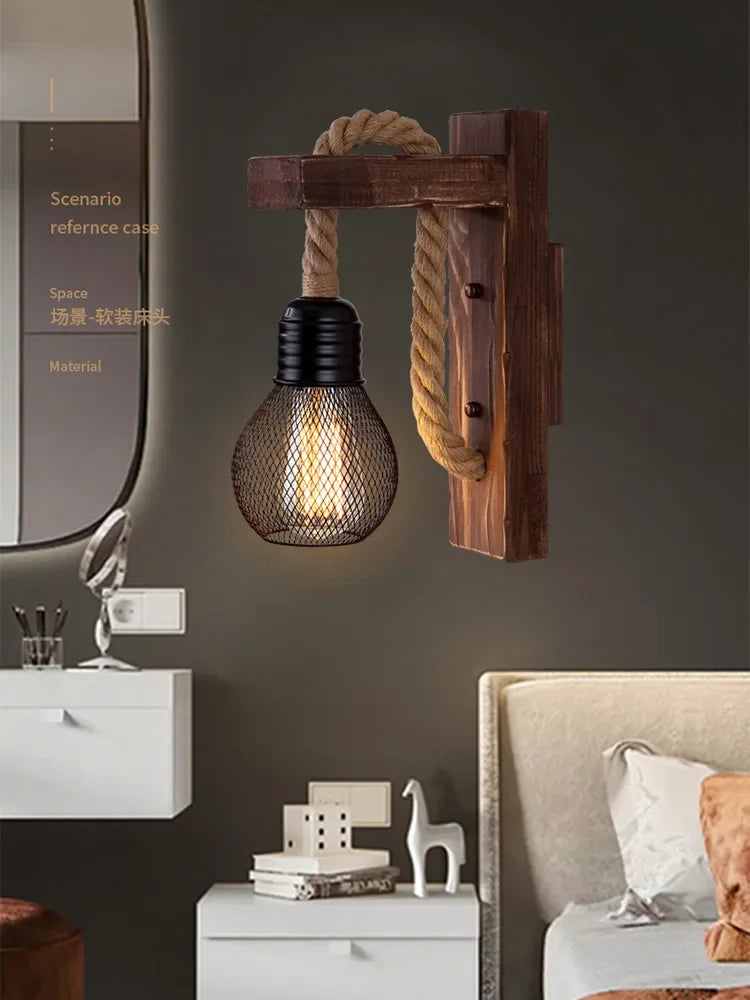 Applique Bois Rétro Loft Corde de Chanvre – Couloir Chambre