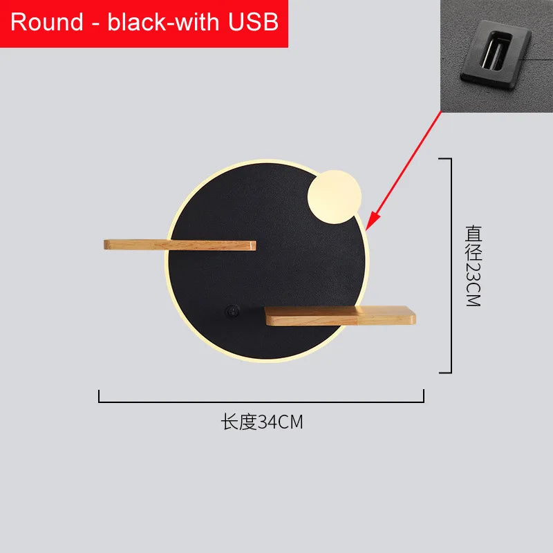 Applique Murale LED avec Étagère et Port USB – Tête de Lit Nordique