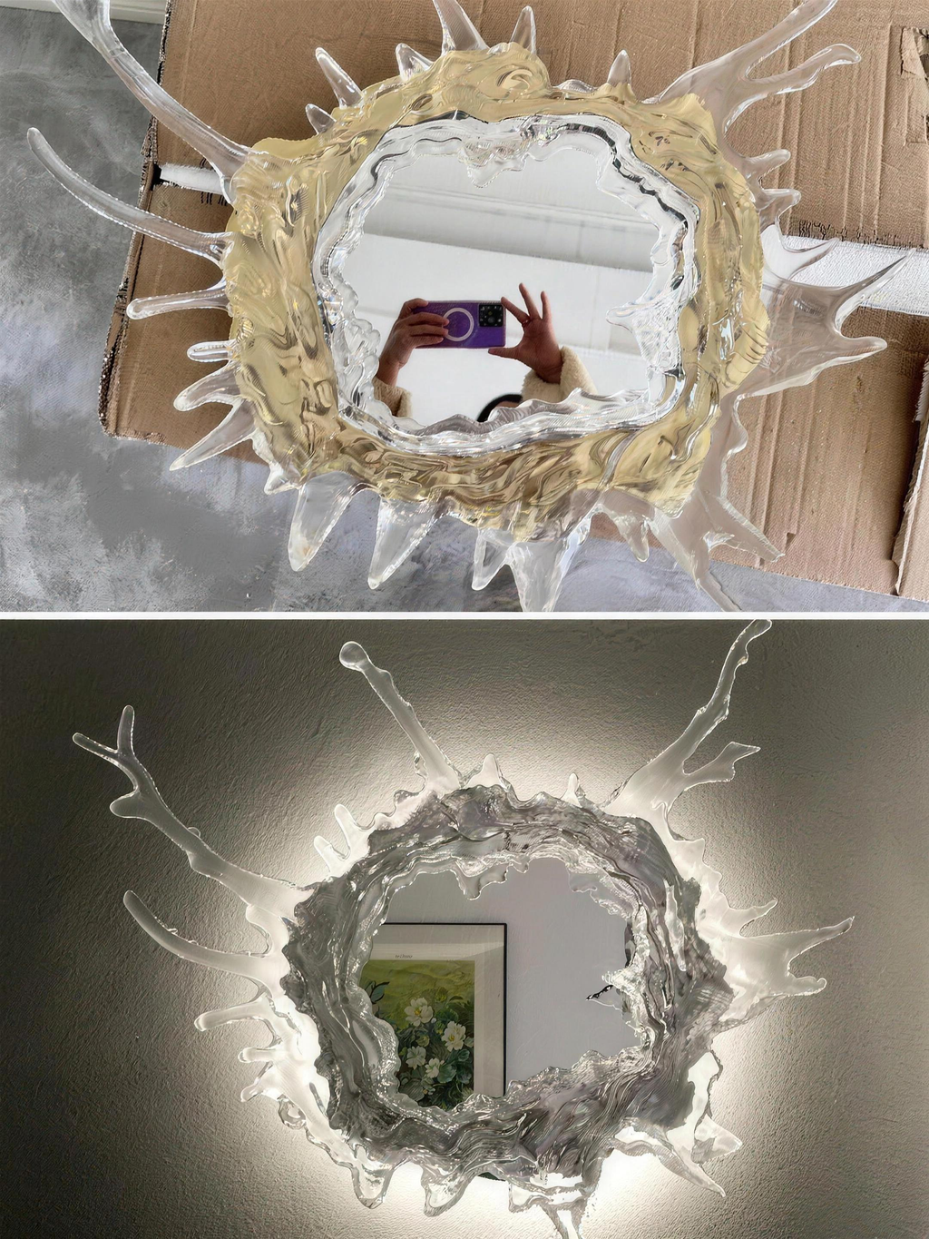Applique miroir fleur eau doree et chrome